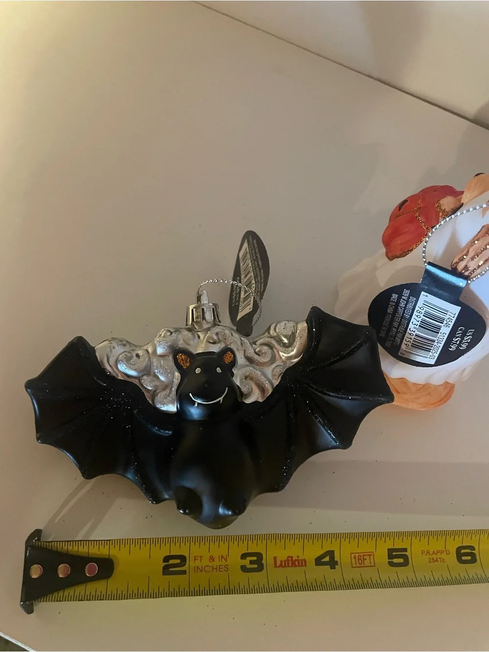 Halloween Bat, Dog and Ghost Ornaments - Black, White, Orange, Silver, Set of 4